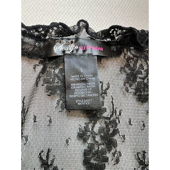 Smart & Sexy Sheer Robe Lingerie Womens L Black Floral Lace Sleepwear Tie Front - Picture 4 of 12